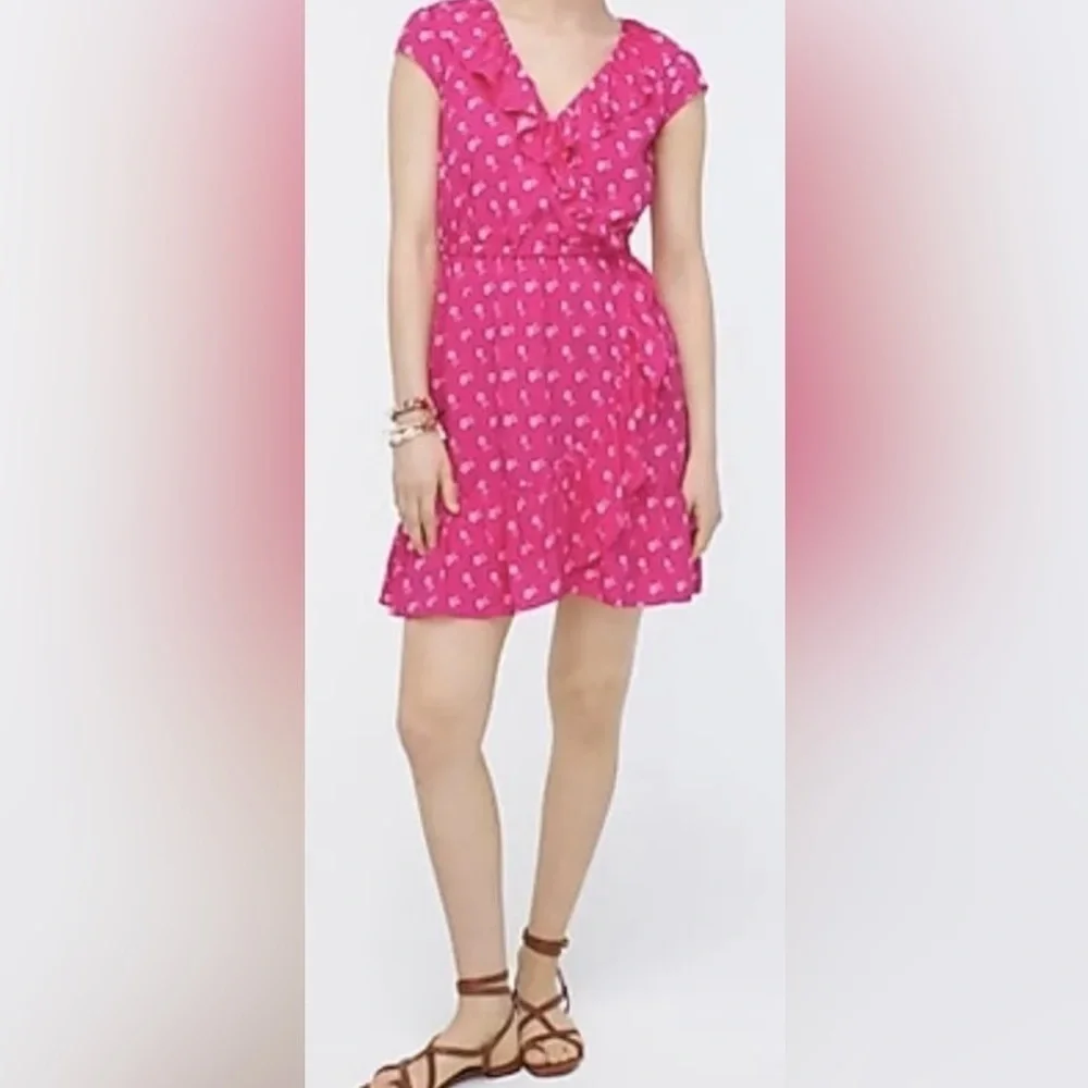 NWT, J. Crew Faux Wrap, Knee Length Dress in Fuchsia w/ Floral Pattern, Size 4 - Picture 1 of 12